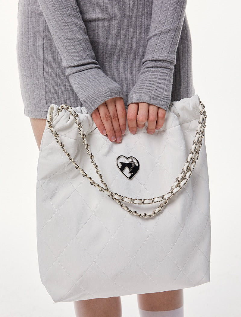 Cool Metal Diamond Quilted Leather Chain Tote Bag