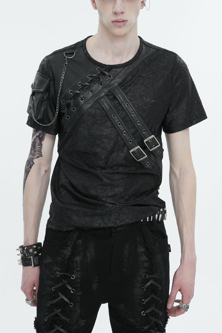 Black Print Buckle Splice Faux Leather Punk T-shirt