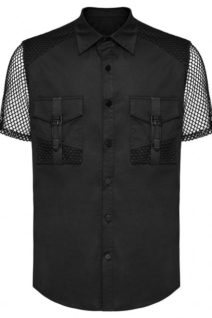 Black Lapel Collar Short Sleeves Mesh Stitching Punk Blouse