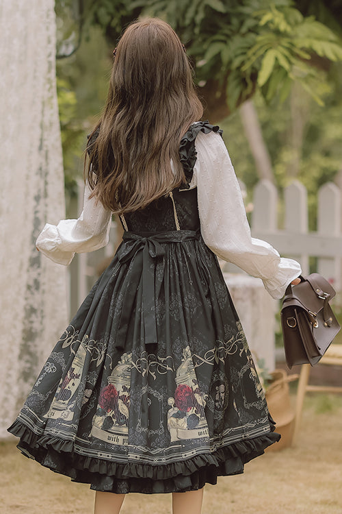 Black Ruffled Strap Court Print Front and Back Bow Classic Lolita Jsk Dress