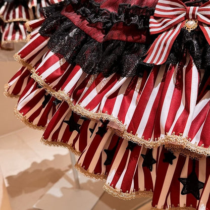 [pre-order Deadline: May 20] Magical Girl Lolita Lace Puff Sleeve Shirt + Black X Red Ribbon Corset Tiered Dress + Mini Hat