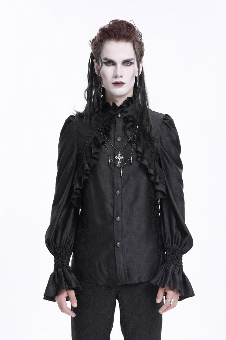 Black Stand Collar Long Sleeves Ruffle Lace Cross Gothic Blouse