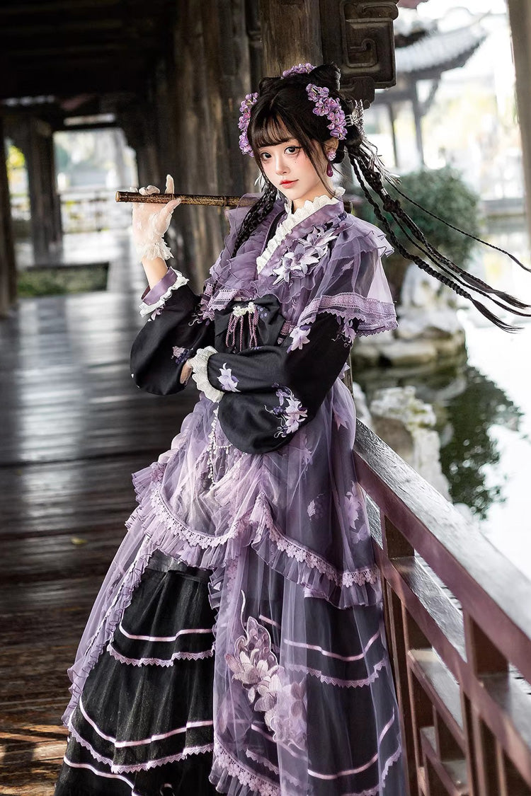 Purple [violet Gauze Lily] Stand Collar Long Sleeves Ruffled Embroidered Bow Classic Chinese Style Lolita Dress Set