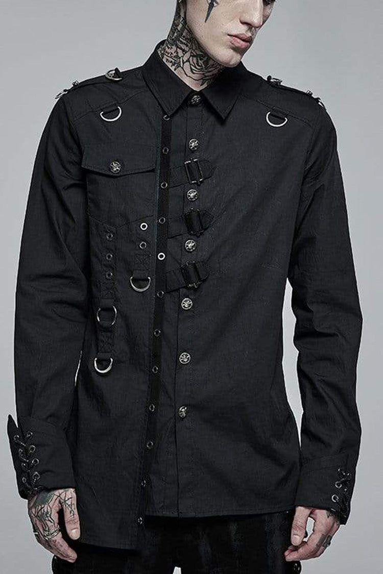 Black Punk Asymmetric Hem Personality Metal Buckle Decorative Soft Long Sleeve Shirt