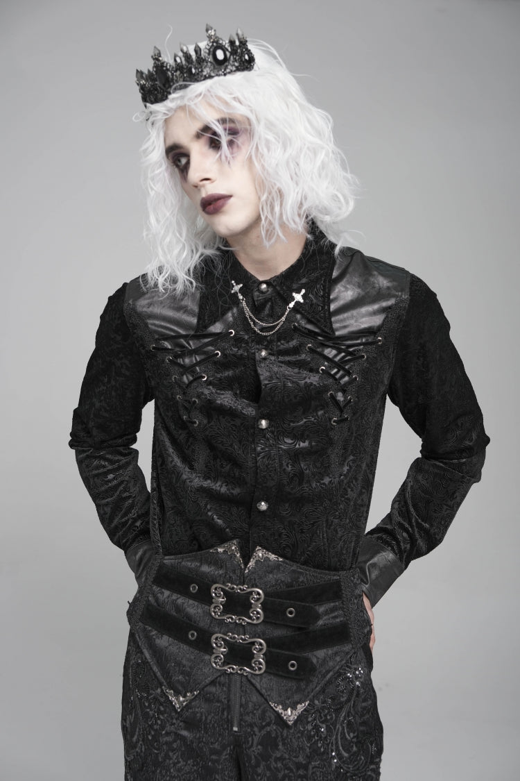 Black Lapel Collar Long Sleeves Print Embroidery Lace-up Gothic Blouse