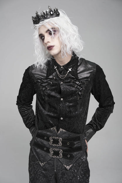 Black Lapel Collar Long Sleeves Print Embroidery Lace-up Gothic Blouse