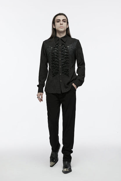 Black Lapel Collar Long Sleeves Jacquard Print Drawstring Lace-up Gothic Blouse