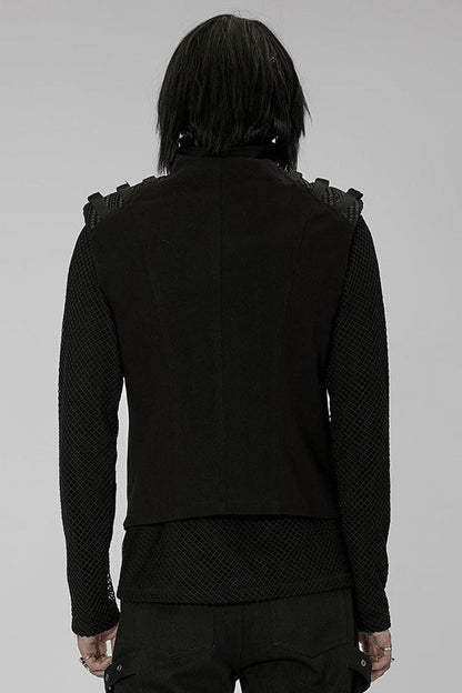 Black Punk High Collar Front Geometric Patterns Splicing Design Shoulder Padded Webbing Buckle Twill Vest