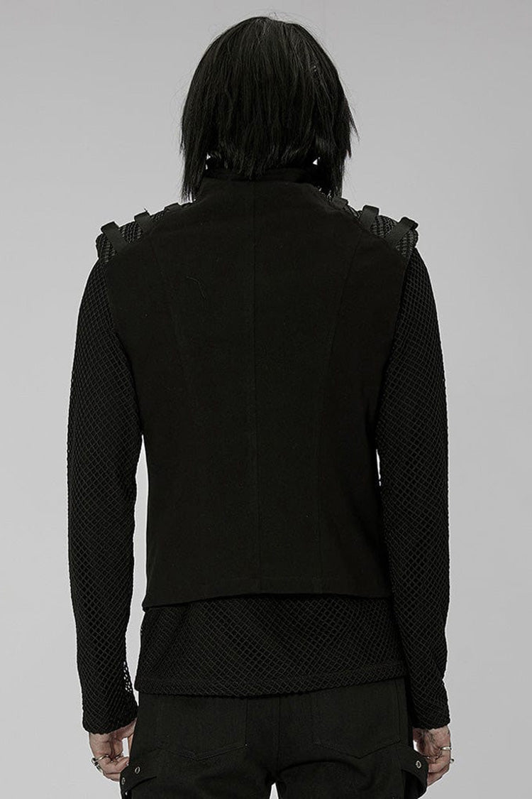 Black Punk High Collar Front Geometric Patterns Splicing Design Shoulder Padded Webbing Buckle Twill Vest