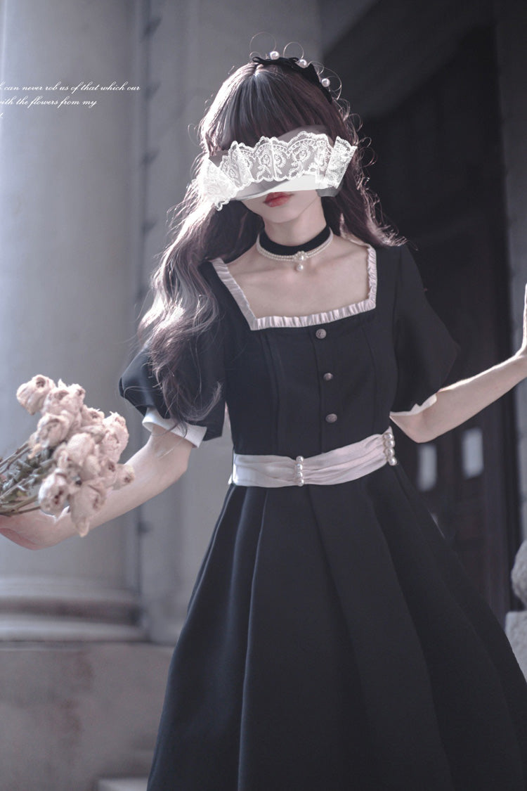 Black [random Thoughts] Square Collar Short Sleeves Ruffle Classic Lolita Dress