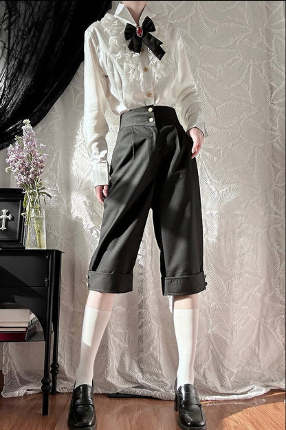 [pre-order Deadline: May 8] White Lace Ruffle High Collar Prince Shirt + Black Tailored Bermuda Shorts
