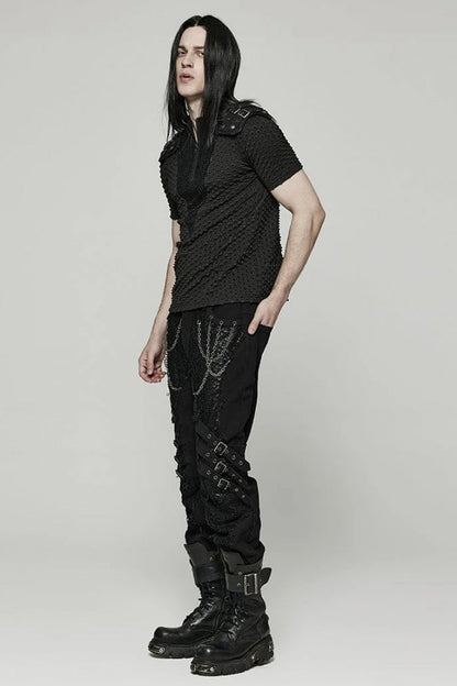 Black Short Sleeves Mesh Bubble Buckle Zipper Steampunk T-shirt
