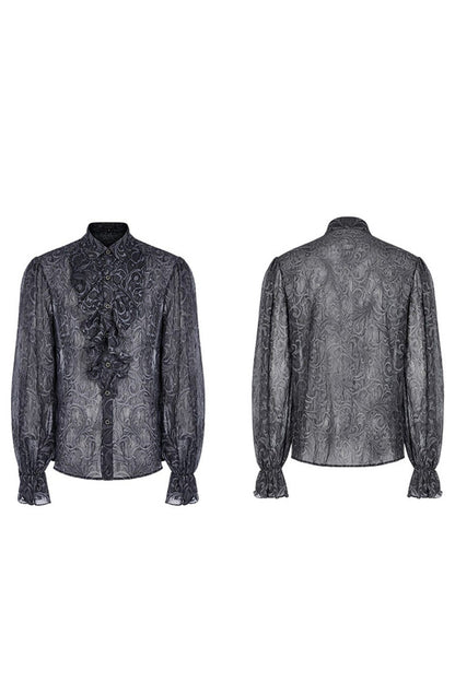 Gray Punk Chiffon Ruffle Stand Collar Wide Brimmed Lantern Sleeves Retro Relief Sculpture Embossing Shirt