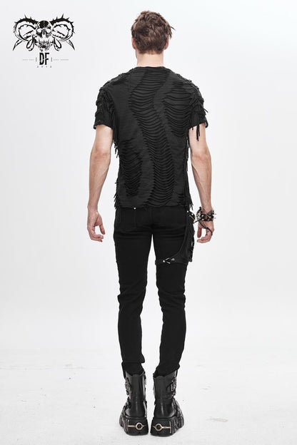 Black Tattered Striped Shoulder Splice Mesh Short Sleeve Punk T-shirt