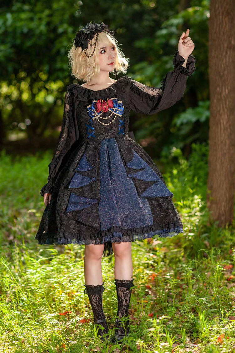Black/blue Ruffle Cardigan Bowknot Lace Classic Lolita Dress