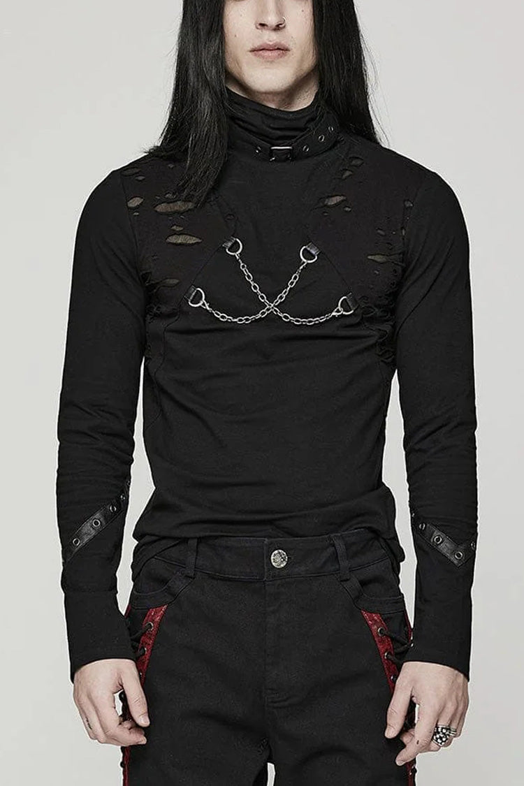 Black Stand Collar Long Sleeves Ripped Metal Chain Steampunk T-shirt