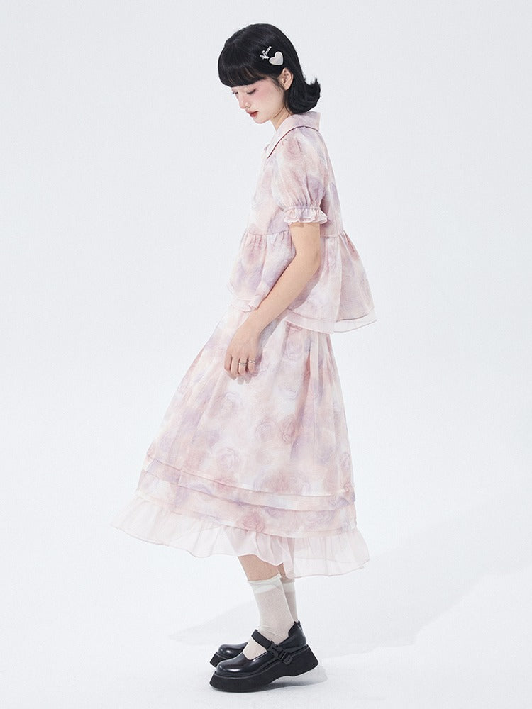Chinese-style Rose Print Puff Sleeve Ruffle Shirt Skirt Two Piece Set