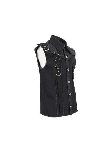 Black Sleeveless Buckle Splice Unedged Punk Vest