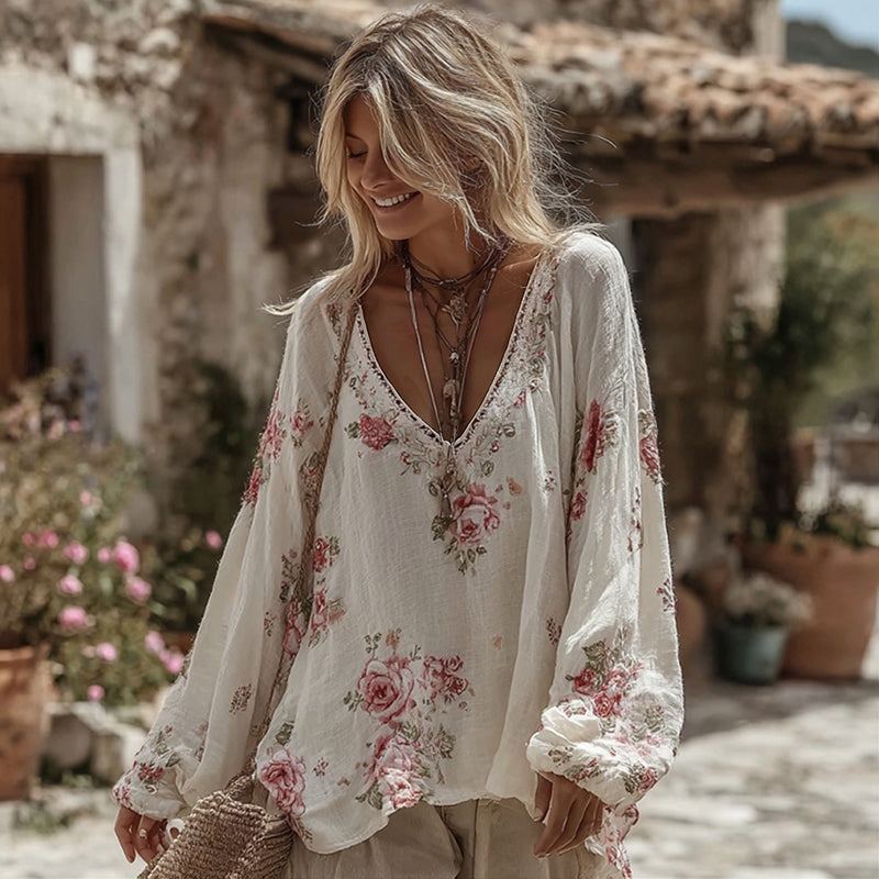 Women's Retro Roses Print V-neck Linen Blend T-shirt elevenforest