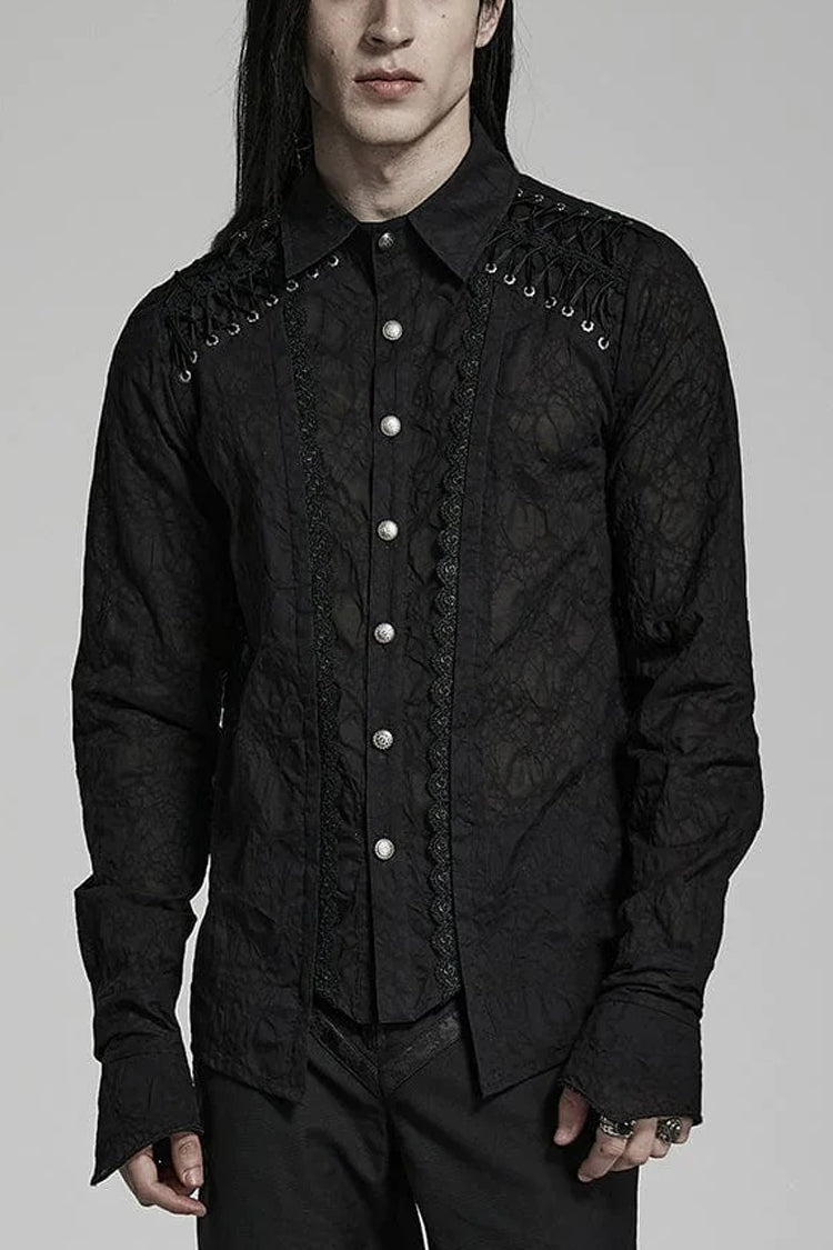 Black Lapel Collar Long Sleeves Lace Daily Gothic Blouse