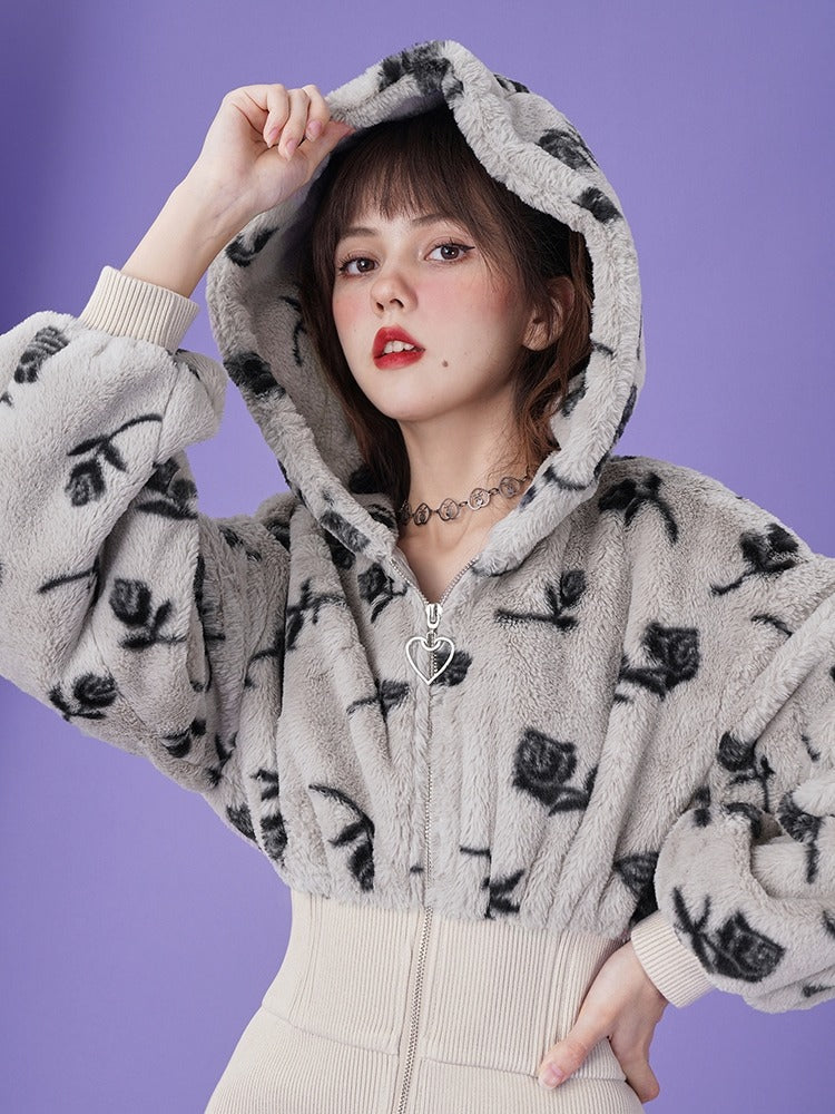 Pure Desire Rose Fur Hoodie Zip Skirt Dress