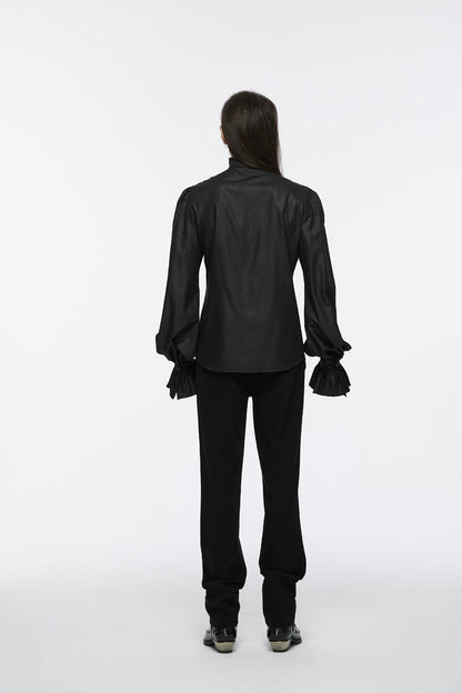 Black Stand Collar Long Puff Sleeves Crochet Gothic Blouse