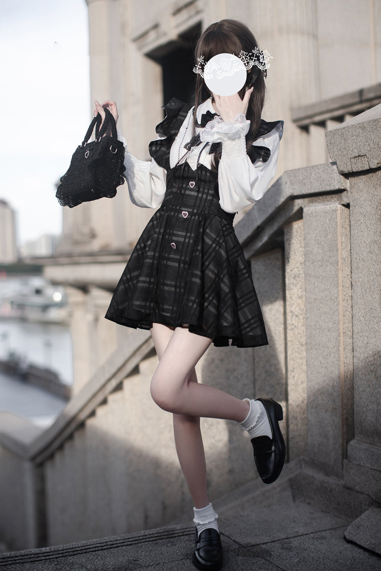 Black Plaid Print Classic College Style Lolita Strap Short Dress