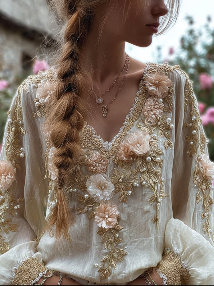 Bohemian Style Three-dimensional Flower Pattern Women's V-neck Long-sleeve Cotton And Linen Shirt elevenforest