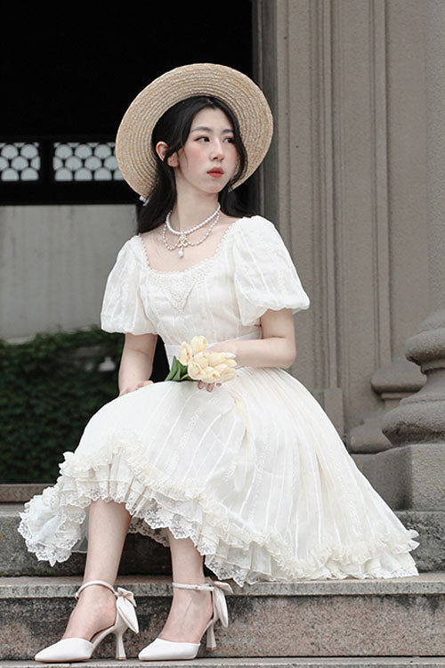 Tulip Square Collar Lantern Sleeves Multi-layer Ruffled Classic Lolita Op Dress Short Version