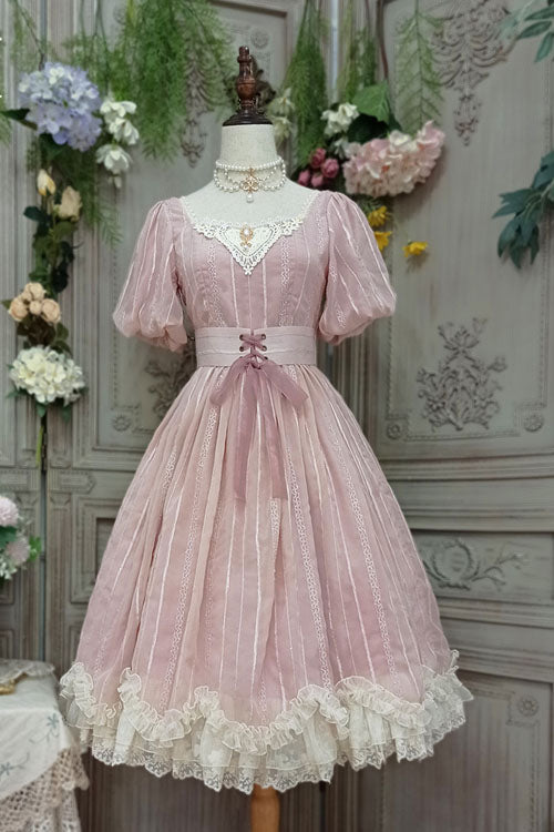 Pink Square Collar Short Sleeves Multi-layer Ruffled Classic Lolita Op Dress