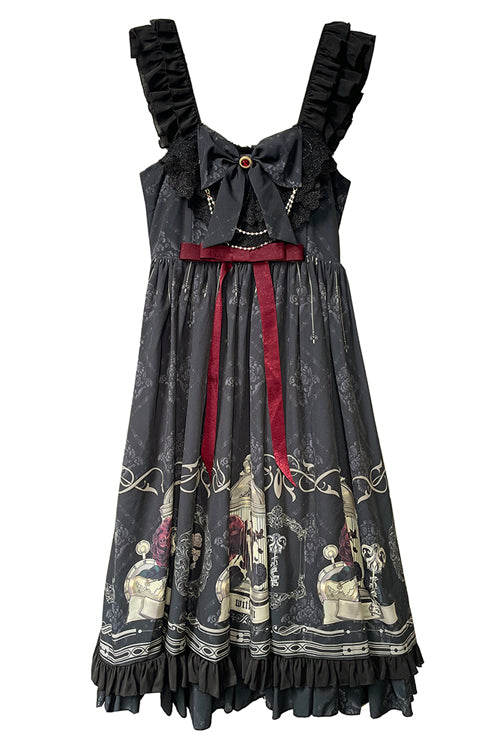 Black Ruffled Strap Court Print Front and Back Bow Classic Lolita Jsk Dress