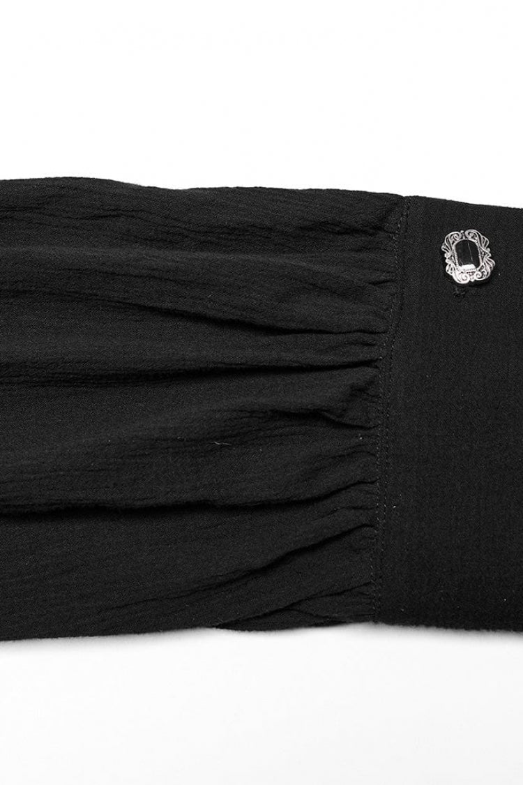 Black Hand-stitched Button Pleated Long Puff Sleeves Ruffle Gothic Blouse