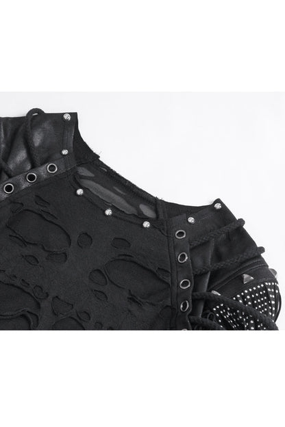 Black Round Collar Mesh Stitching Punk T-shirt