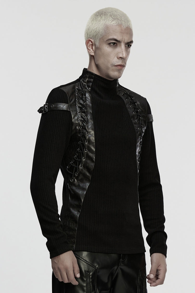 Black Stand Collar Long Sleeves Spliced Buckled Strappy Punk Top
