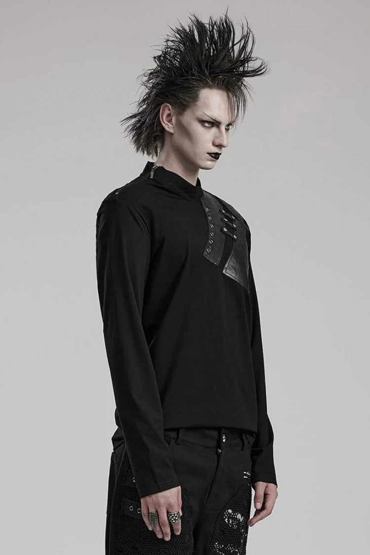 Black Long Sleeves Faux Leather Stitching Steampunk Blouse