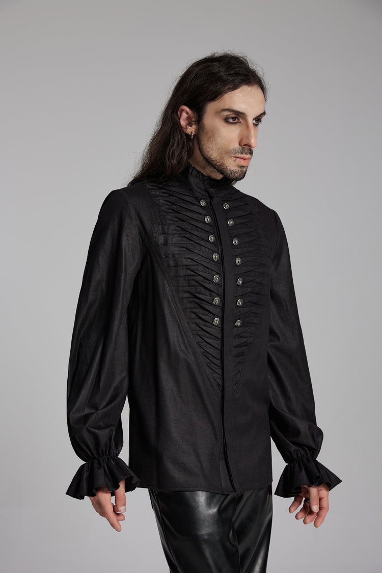 Black Long Sleeves Ruffle Beast Buckle Gothic Blouse