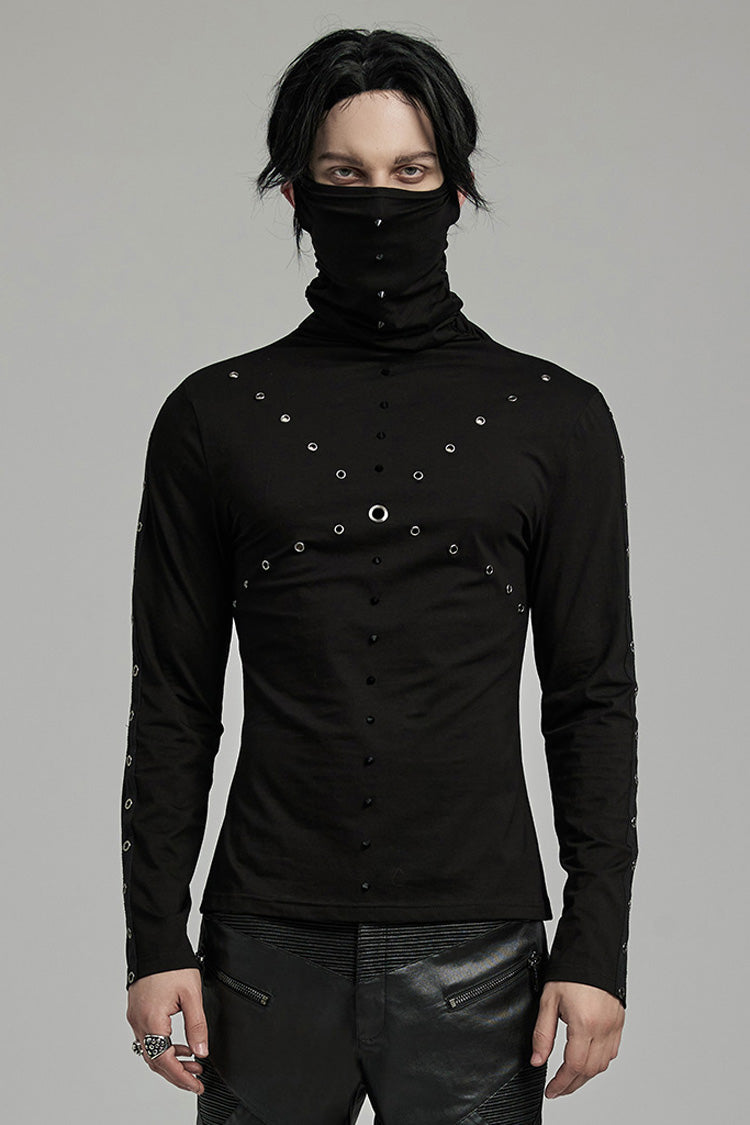 Black Long Sleeves Rivet Mesh Punk Blouse With Undetachable Mask