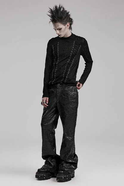 Black Round Collar Long Sleeves Jacquard Symmetrical Rope Gothic T-shirt