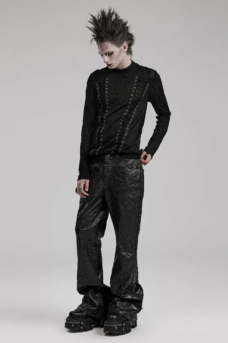 Black Round Collar Long Sleeves Jacquard Symmetrical Rope Gothic T-shirt