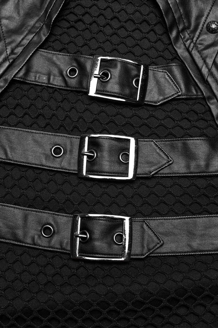 Black Faux Leather Stitching Mesh Sheer Metal Rivets Steampunk Vest