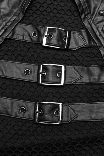 Black Faux Leather Stitching Mesh Sheer Metal Rivets Steampunk Vest