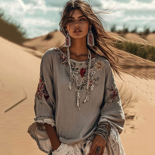 Vintage Floral Embroidered Art Crew Neck Comfy Shirt elevenforest