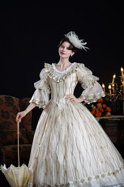 Champagne Long Puff Sleeves Ruffled Cut-out Mesh Classic Palace Lolita Victorian Dress
