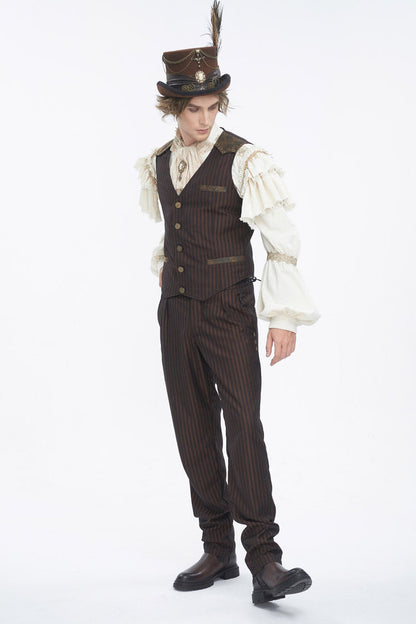 Brown Striped V Collar Stitching Slim Gothic Vest