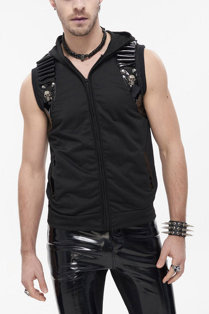 Black Punk Metal Skull Patent Leather Bullet Clip Textured Zip Hooded Sleeveless T-shirt