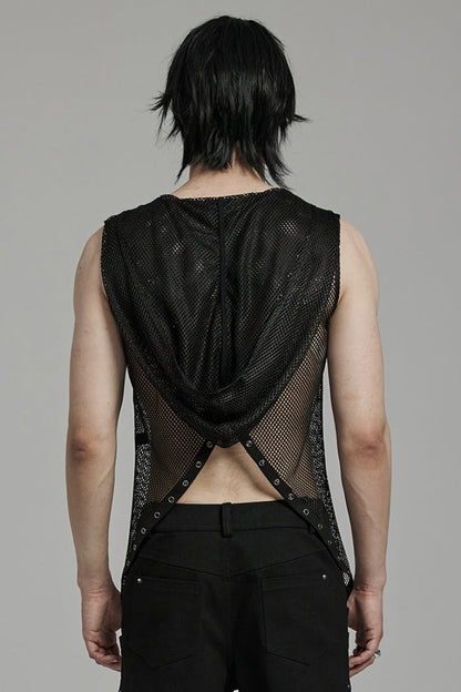 Black Sleeveless Irregular Hooded Mesh Eyelet Punk Vest