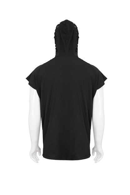Black Skull Print Super High Neck Masked Rivet Hole Hooded Short Sleeve Punk T-shirt