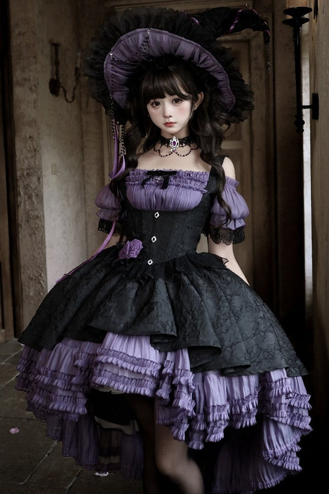 [pre-order Deadline: April 28] Purple X Black Gothic Lolita Corset Layered Jsk Dress + Off-shoulder Lace Puff Top