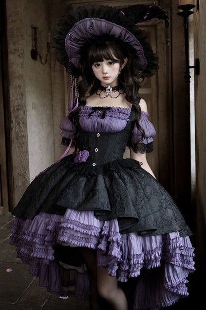 [pre-order Deadline: April 28] Purple X Black Gothic Lolita Corset Layered Jsk Dress + Off-shoulder Lace Puff Top