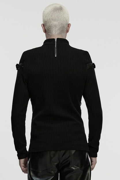 Black Stand Collar Long Sleeves Spliced Buckled Strappy Punk Top